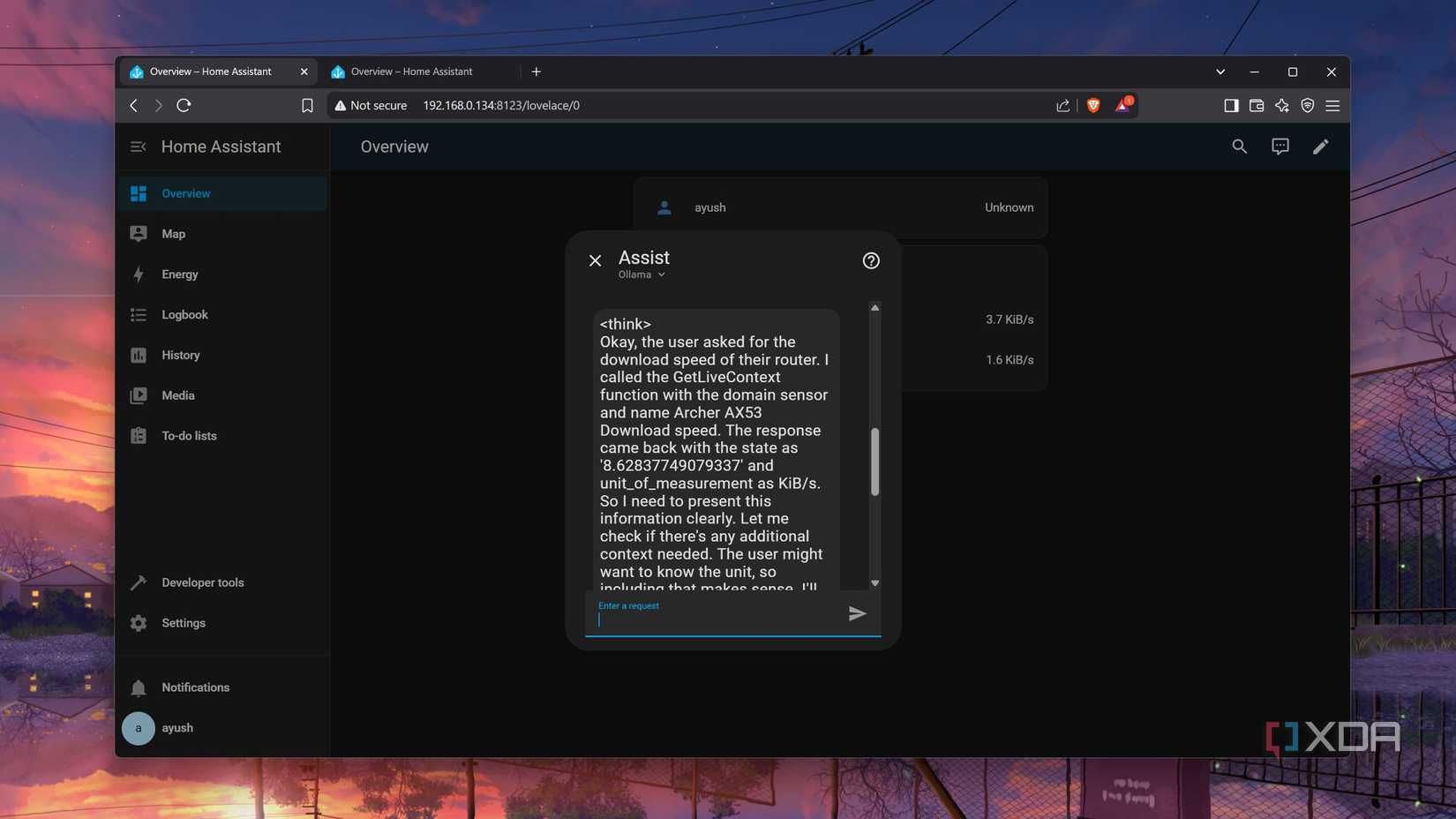 Asking the Ollama-powered Home Assistant a question