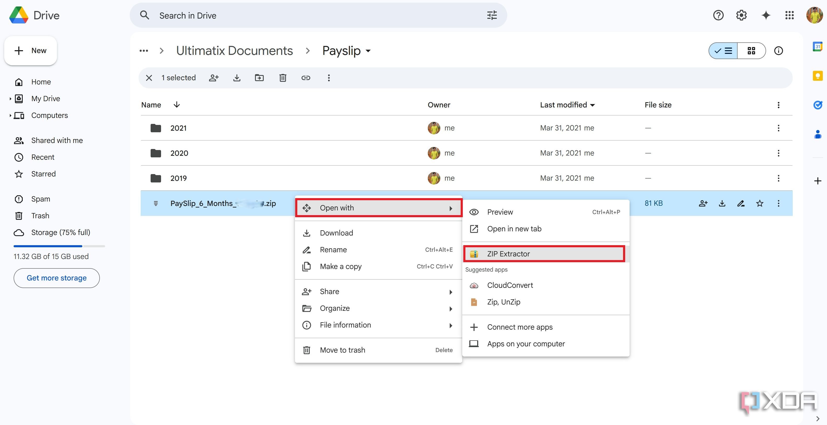 Open file from Google Drive with Zip Extractor