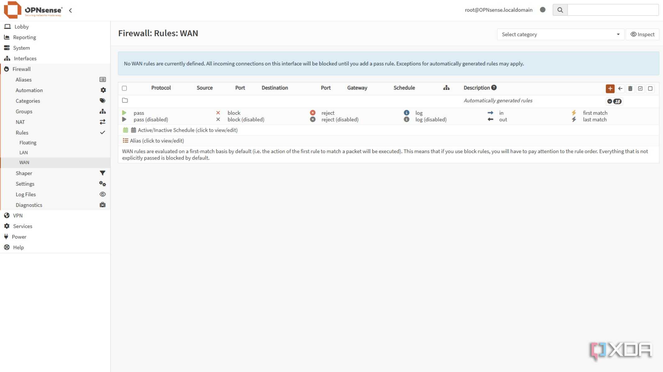 screenshot of opnsense wan firewall rules