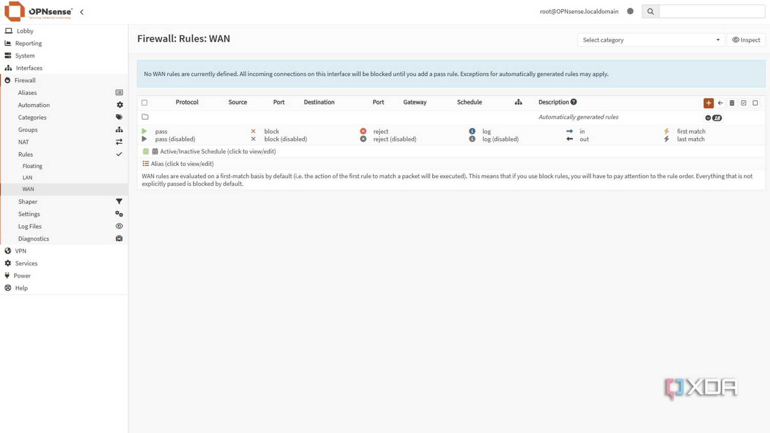 screenshot of opnsense wan firewall rules