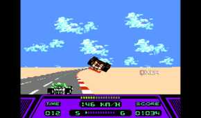 A screenshot from the game Rad Racer running on a NES emulator, showing a red Formula 1 car flipped over in mid-air after a crash.