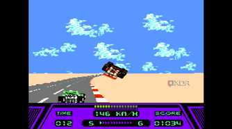 A screenshot from the game Rad Racer running on a NES emulator, showing a red Formula 1 car flipped over in mid-air after a crash.