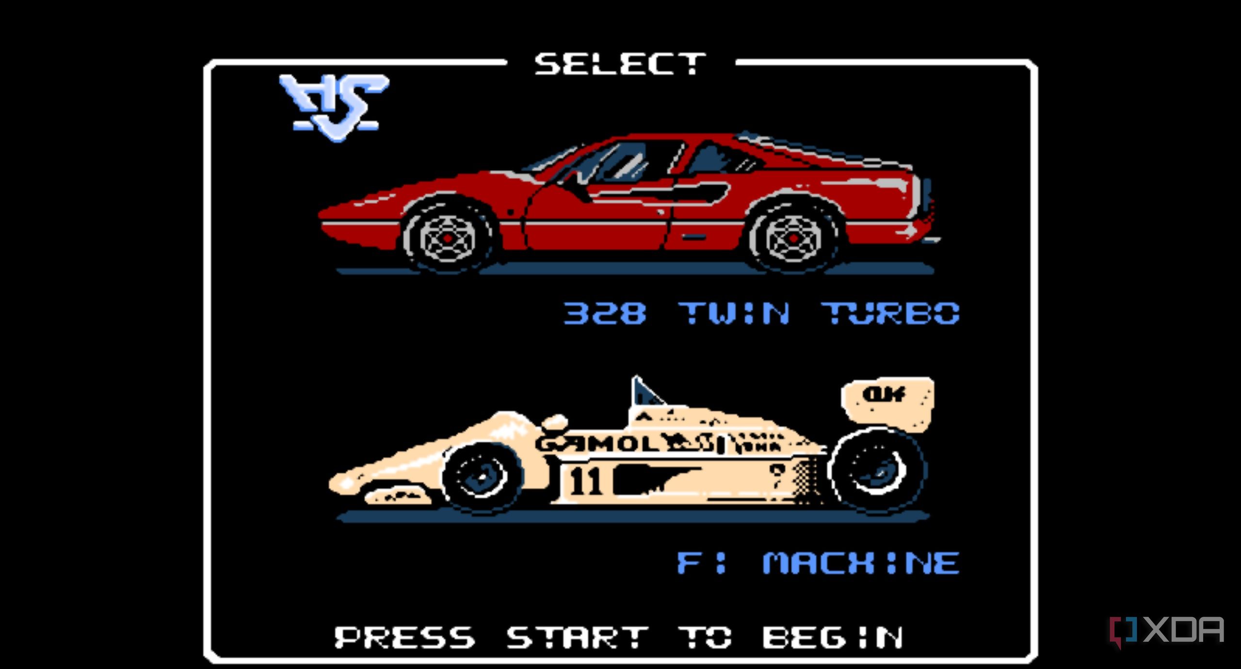 A screenshot from the game Rad Racer running on a NES emulator, showing the game's car select screen.