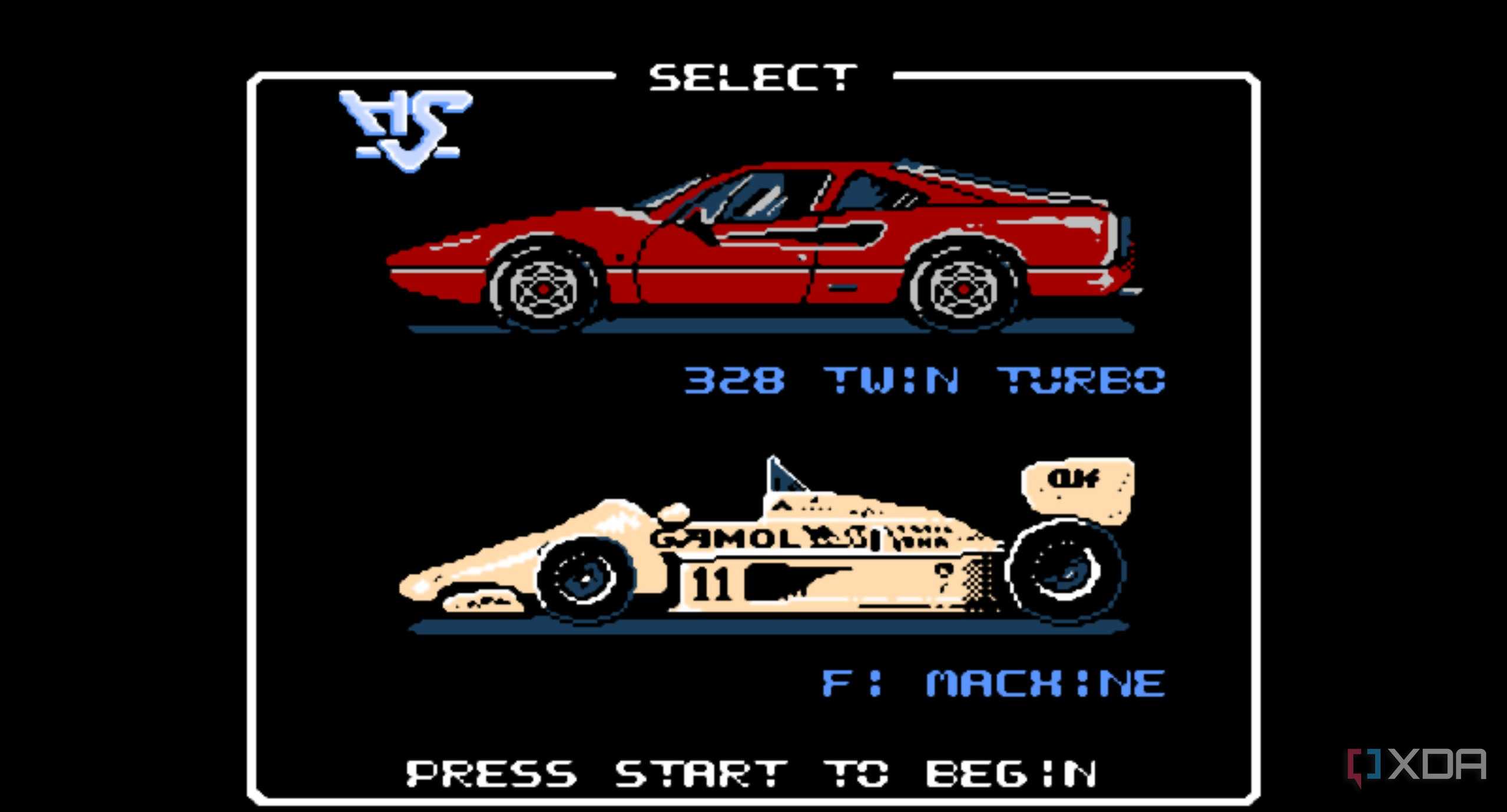 A screenshot from the game Rad Racer running on a NES emulator, showing the game's car select screen.