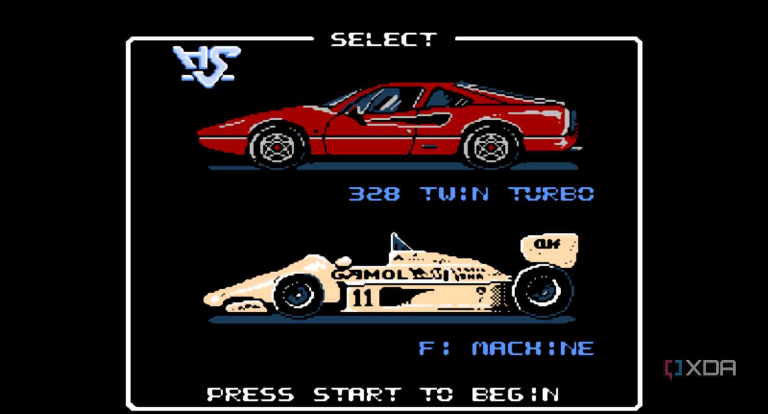 A screenshot from the game Rad Racer running on a NES emulator, showing the game's car select screen.
