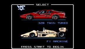 A screenshot from the game Rad Racer running on a NES emulator, showing the game's car select screen.