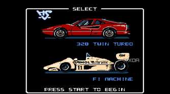 A screenshot from the game Rad Racer running on a NES emulator, showing the game's car select screen.