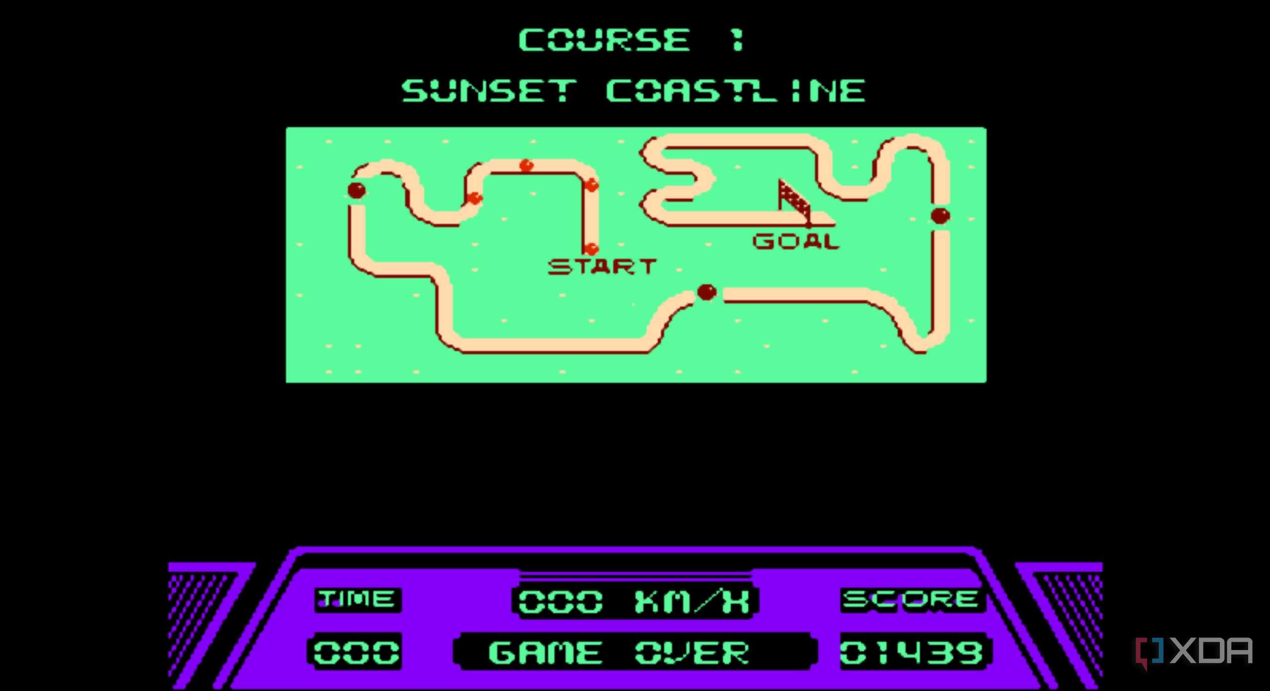 A screenshot from the game Rad Racer running on a NES emulator, showing the game's Sunset Coastline map's layout.