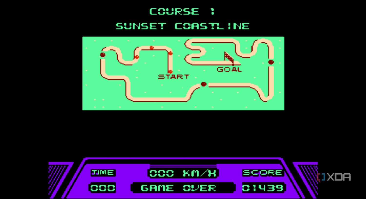 A screenshot from the game Rad Racer running on a NES emulator, showing the game's Sunset Coastline map's layout.
