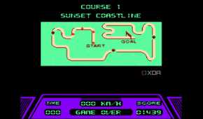 A screenshot from the game Rad Racer running on a NES emulator, showing the game's Sunset Coastline map's layout.