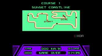 A screenshot from the game Rad Racer running on a NES emulator, showing the game's Sunset Coastline map's layout.