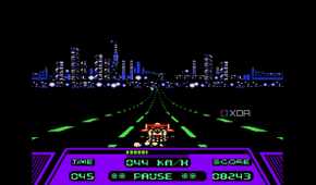 A screenshot from the game Rad Racer running on a NES emulator, showing a red Formula 1 car racing down a highway during nighttime, while the San Francisco skyline looms ahead.