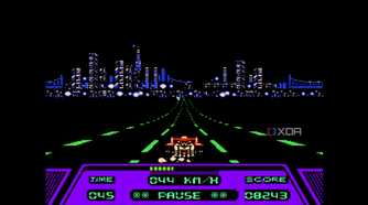 A screenshot from the game Rad Racer running on a NES emulator, showing a red Formula 1 car racing down a highway during nighttime, while the San Francisco skyline looms ahead.