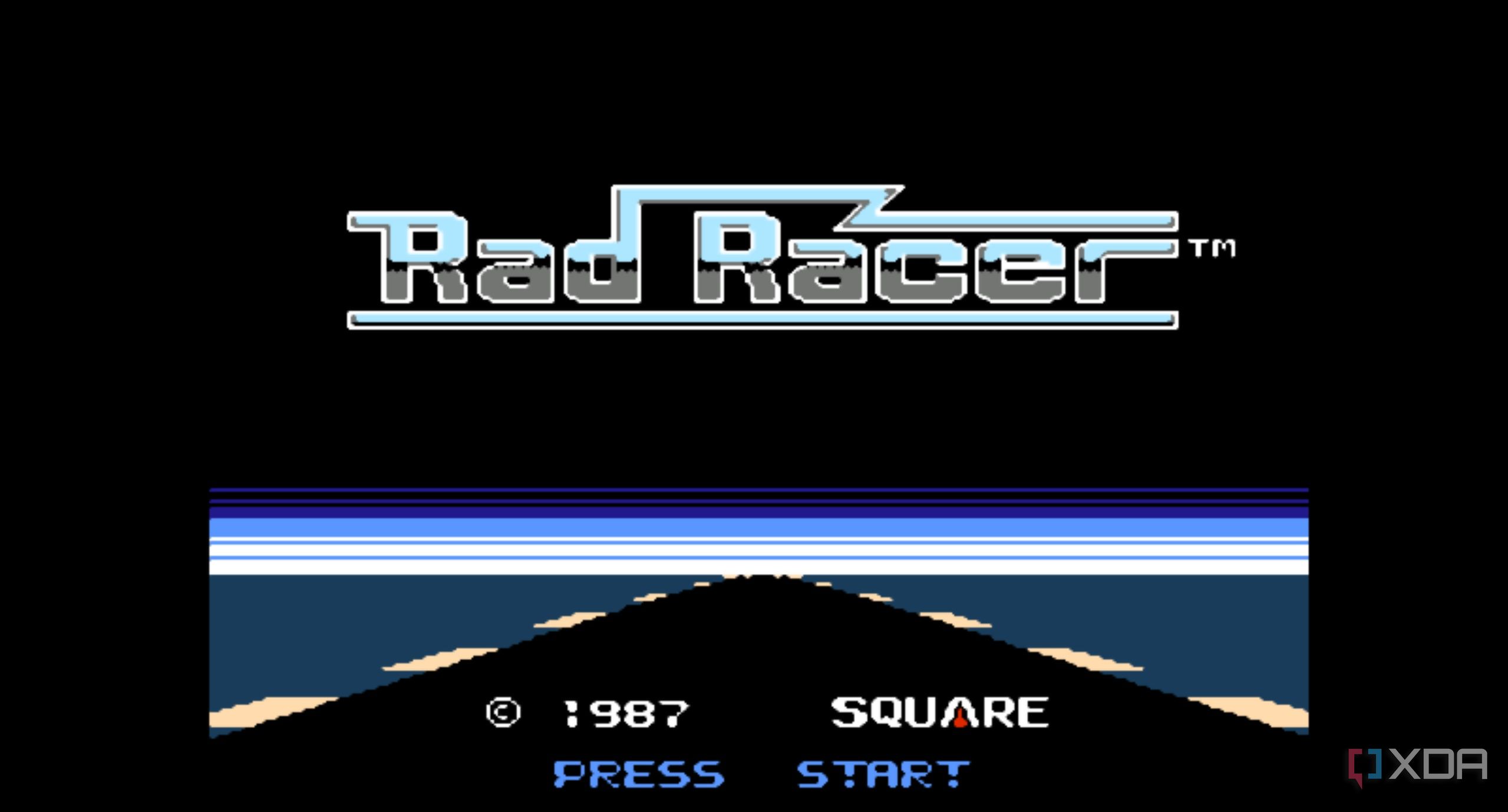 A screenshot from the game Rad Racer running on a NES emulator, showing the game's splash screen.