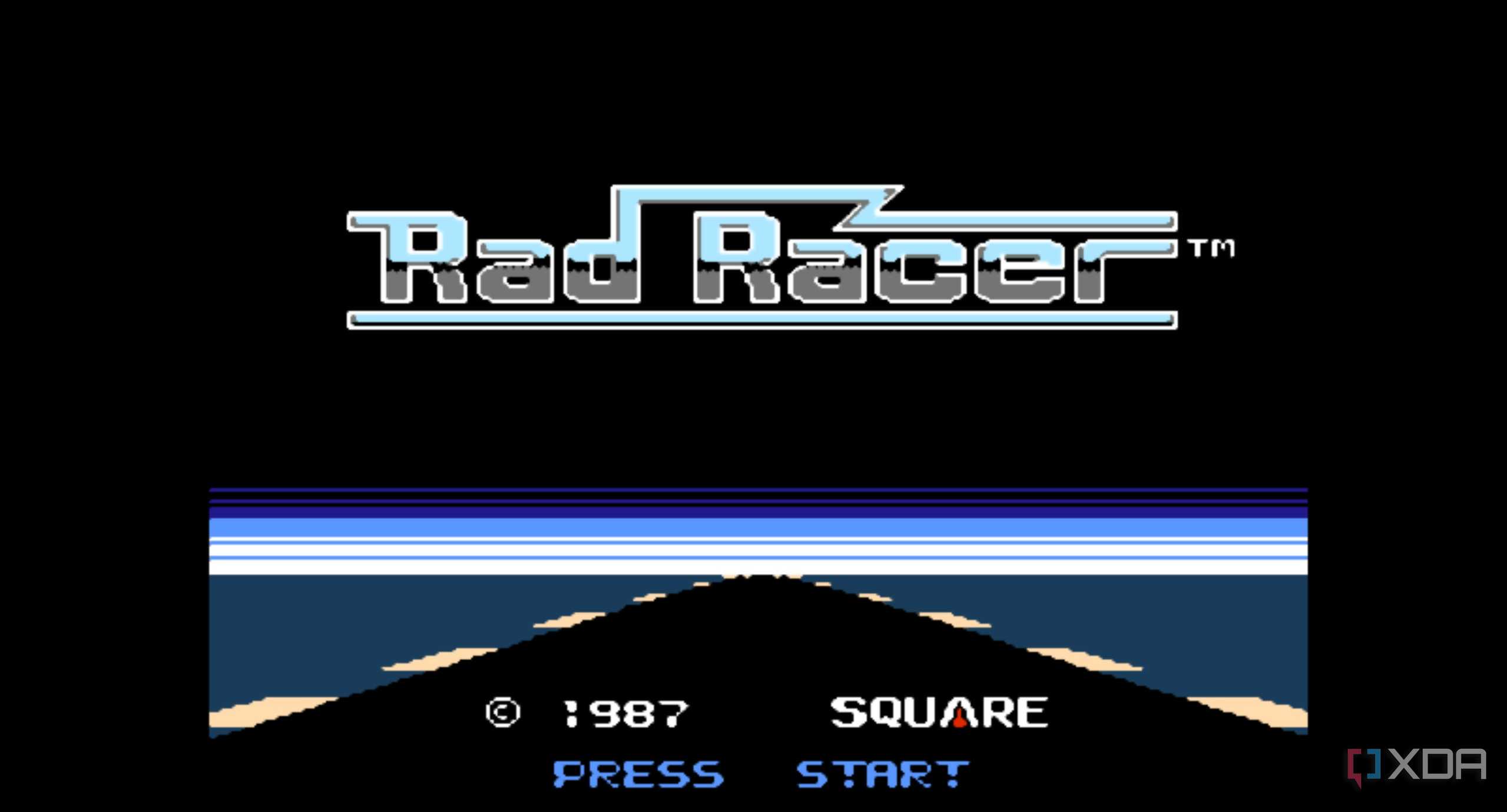 A screenshot from the game Rad Racer running on a NES emulator, showing the game's splash screen.