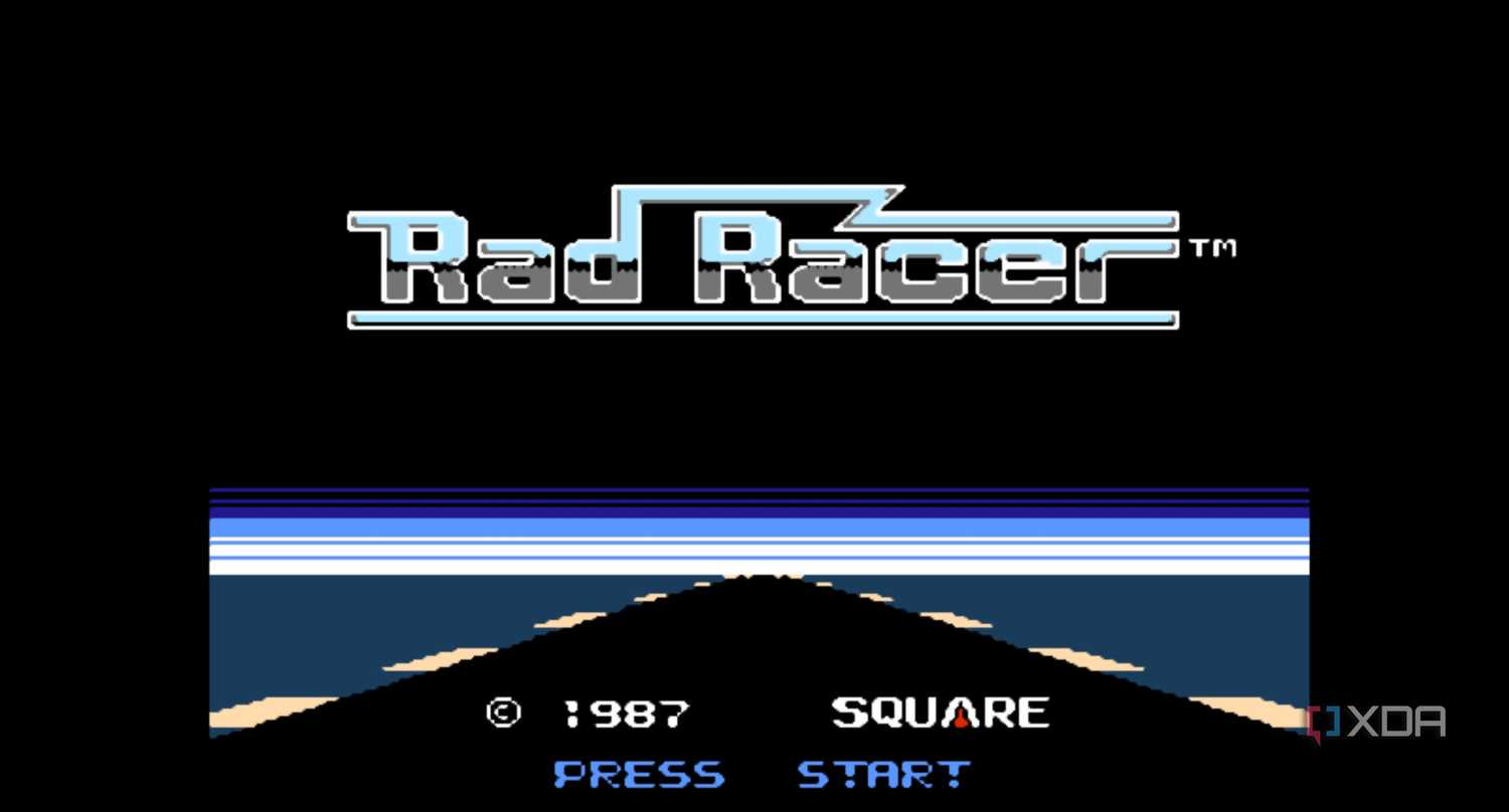 A screenshot from the game Rad Racer running on a NES emulator, showing the game's splash screen.