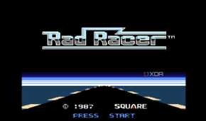 A screenshot from the game Rad Racer running on a NES emulator, showing the game's splash screen.