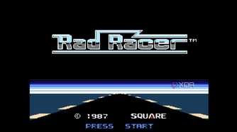 A screenshot from the game Rad Racer running on a NES emulator, showing the game's splash screen.