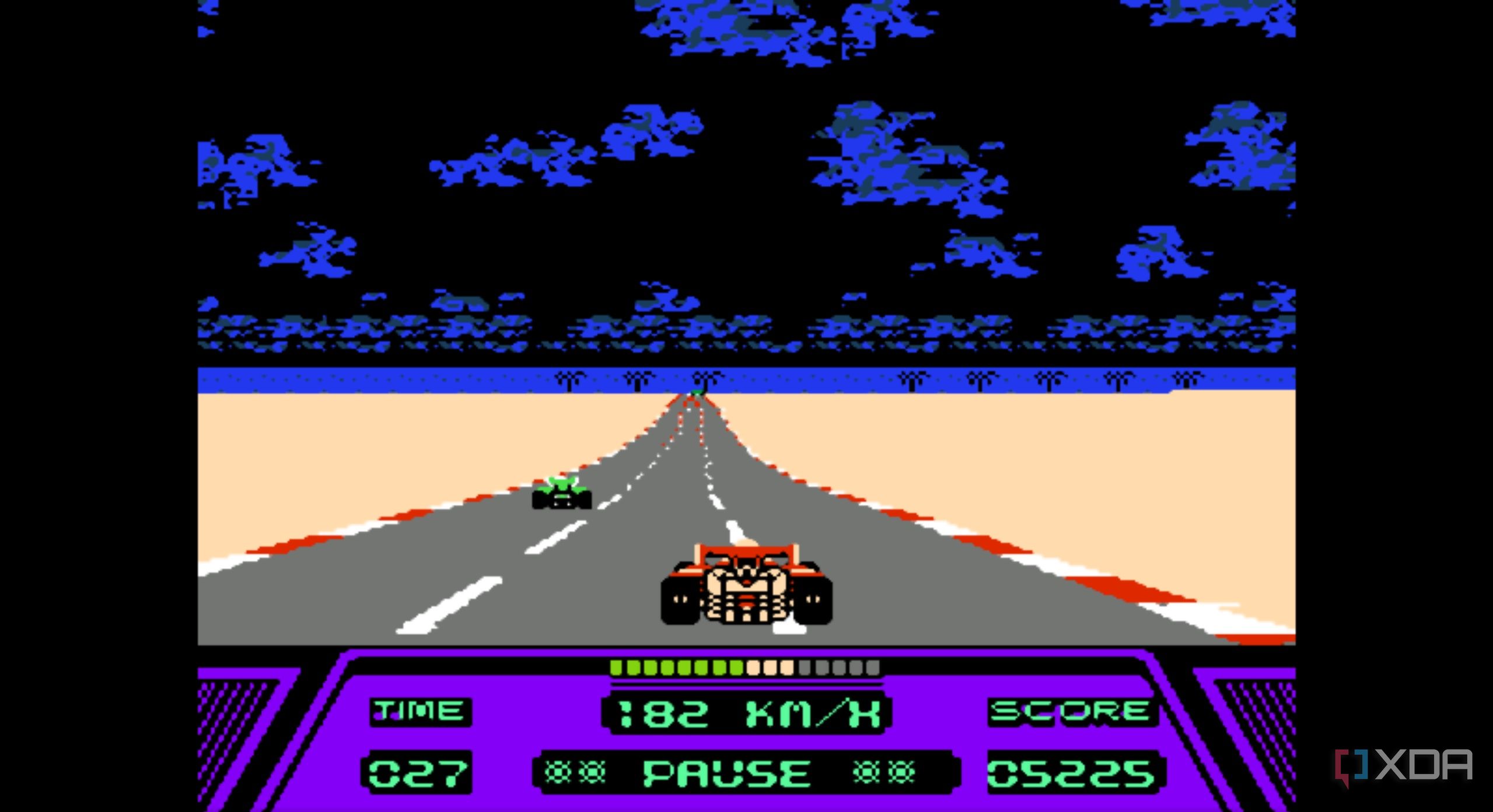 A screenshot from the game Rad Racer running on a NES emulator, showing a red Formula 1 car racing down a highway, closing in on a green car.