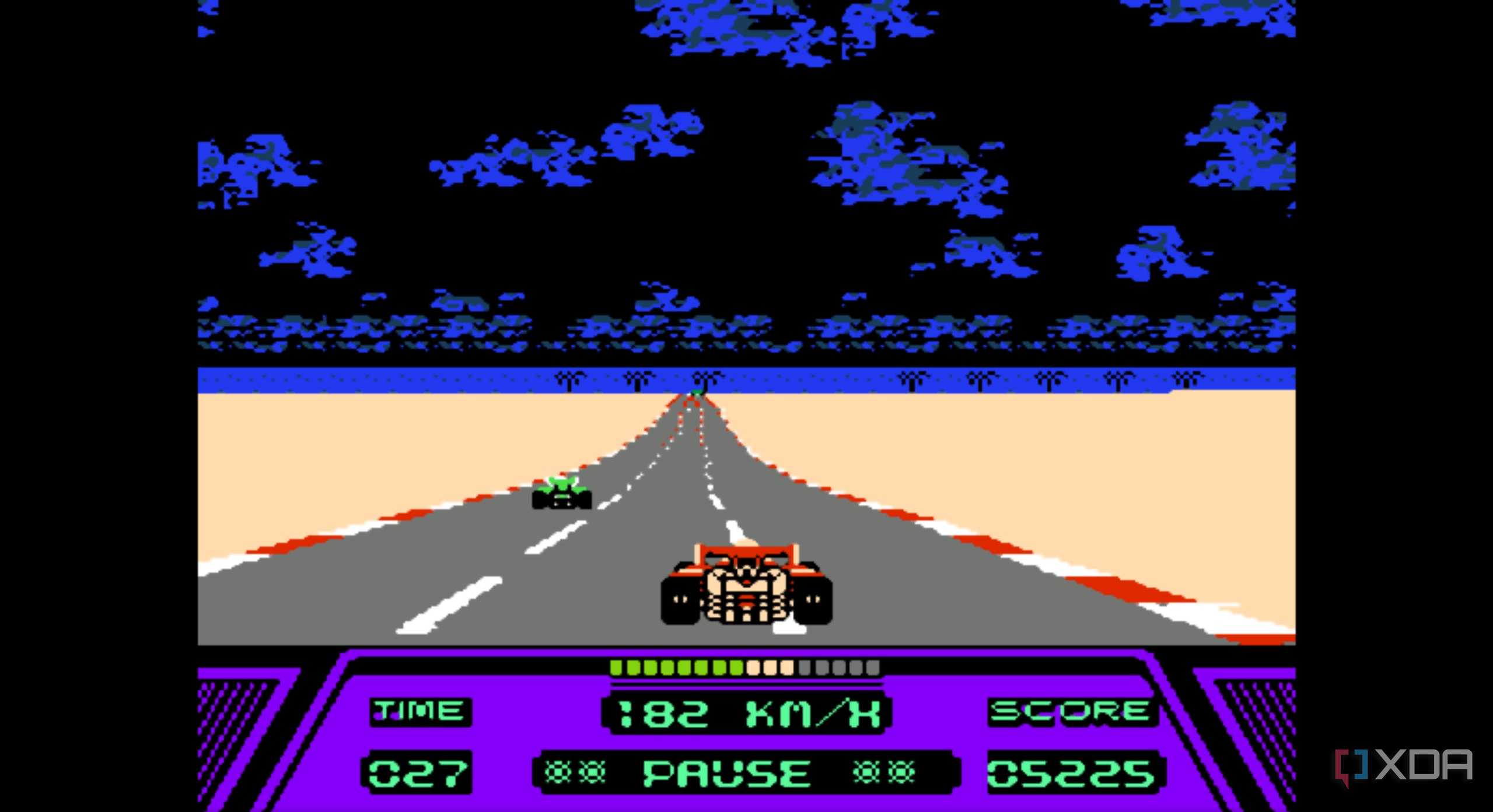 A screenshot from the game Rad Racer running on a NES emulator, showing a red Formula 1 car racing down a highway, closing in on a green car.