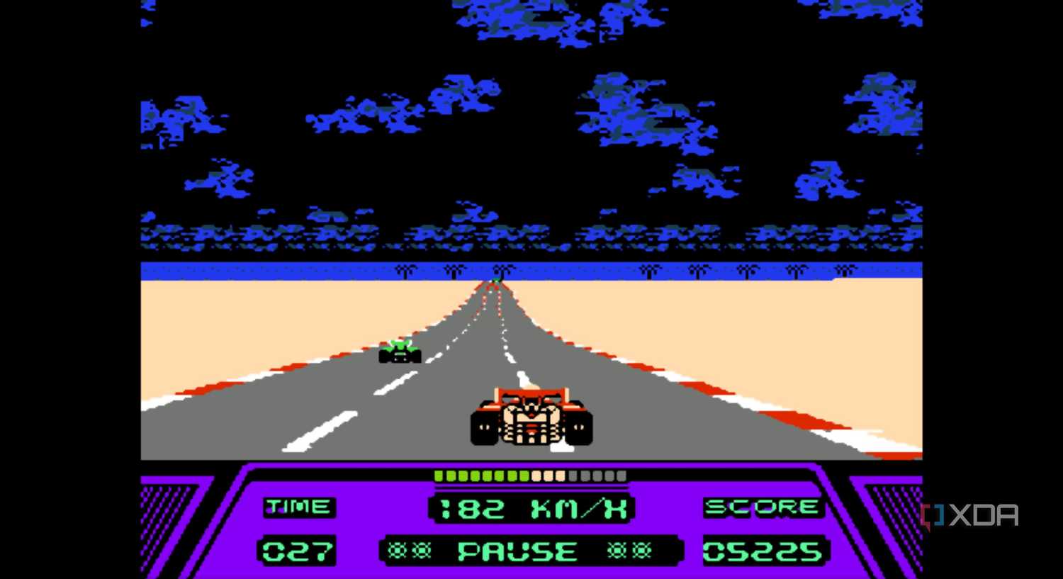 A screenshot from the game Rad Racer running on a NES emulator, showing a red Formula 1 car racing down a highway, closing in on a green car.