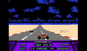 A screenshot from the game Rad Racer running on a NES emulator, showing a red Formula 1 car racing down a highway, closing in on a green car.