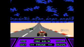 A screenshot from the game Rad Racer running on a NES emulator, showing a red Formula 1 car racing down a highway, closing in on a green car.