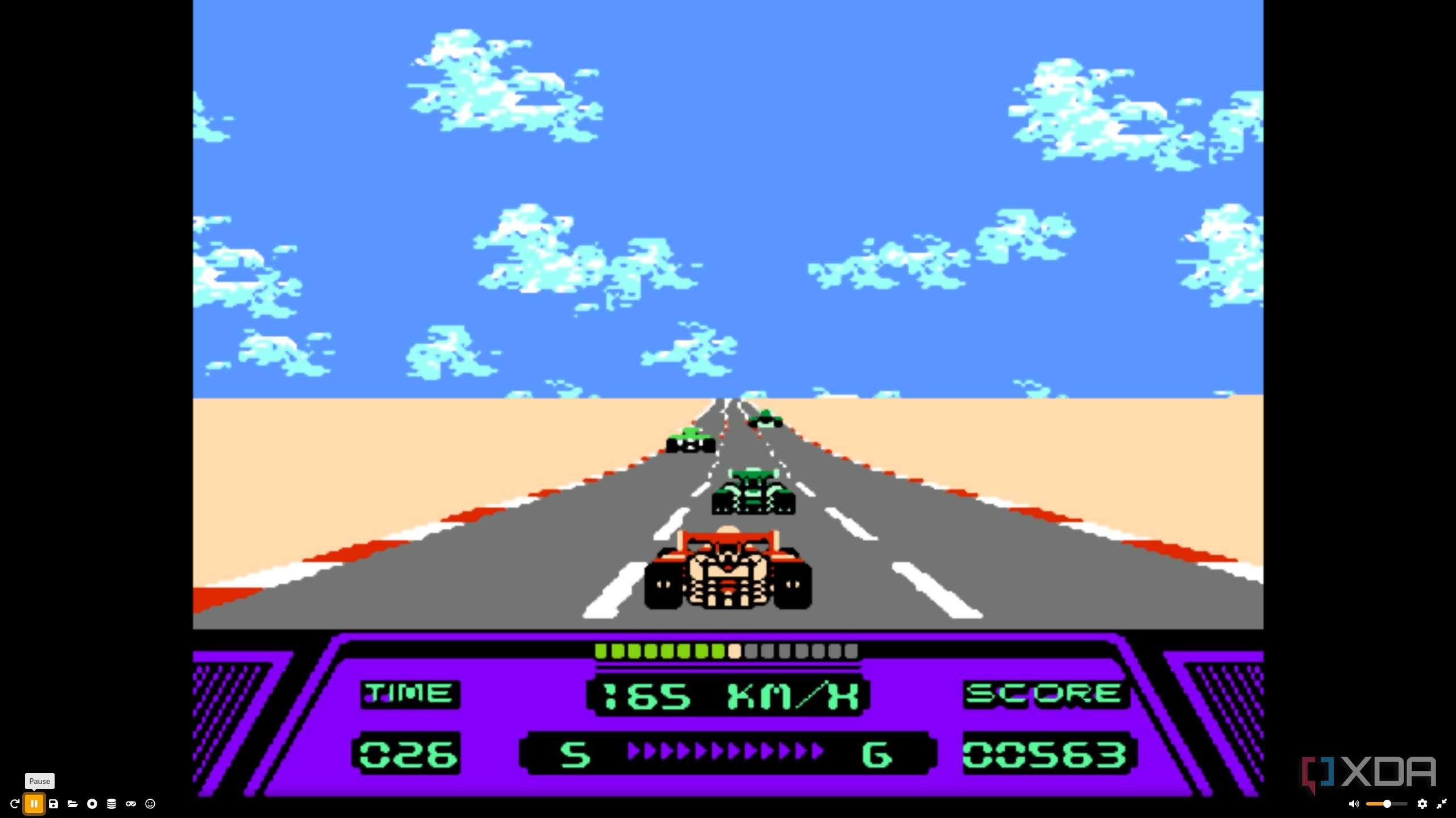 A screenshot from the game Rad Racer running on a NES emulator, showing a red Formula 1 car racing down the highway, approaching 3 green cars ahead.
