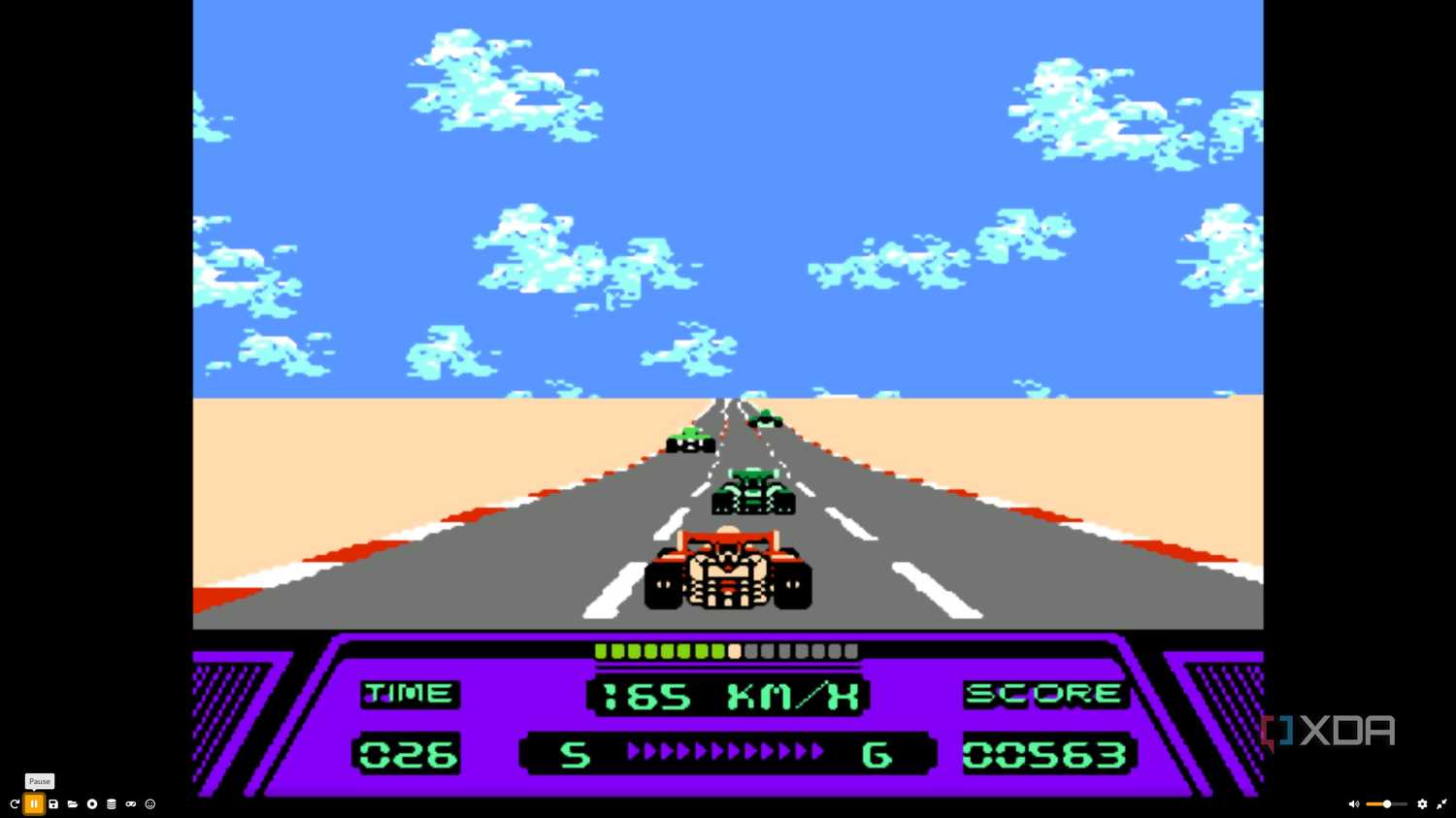 A screenshot from the game Rad Racer running on a NES emulator, showing a red Formula 1 car racing down the highway, approaching 3 green cars ahead.