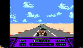 A screenshot from the game Rad Racer running on a NES emulator, showing a red Formula 1 car racing down the highway, approaching 3 green cars ahead.