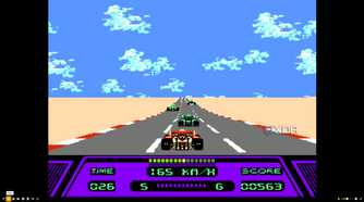 A screenshot from the game Rad Racer running on a NES emulator, showing a red Formula 1 car racing down the highway, approaching 3 green cars ahead.