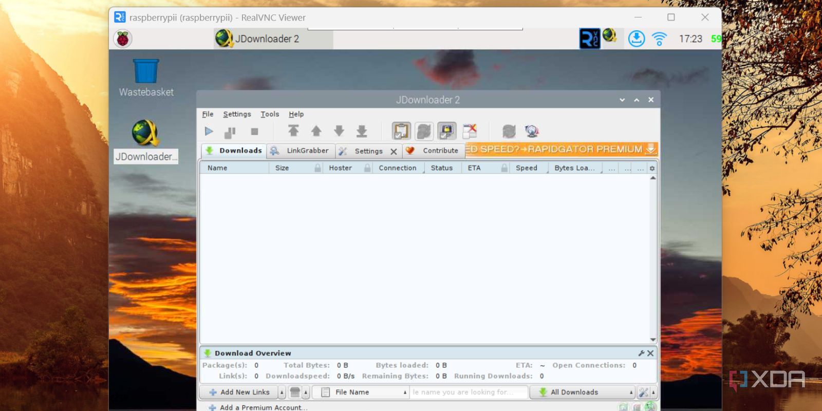 screenshot of raspberry lite os with jdownloader app window remote access