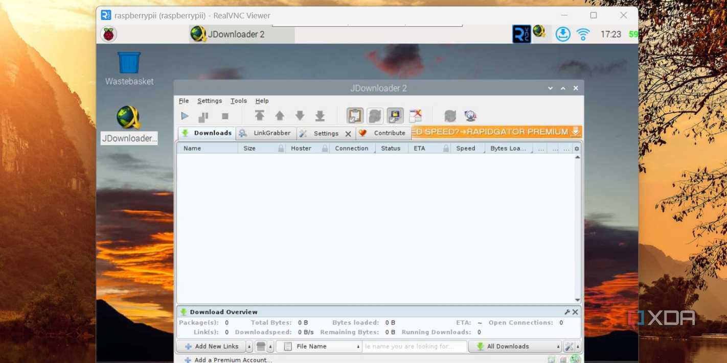 screenshot of raspberry lite os with jdownloader app window remote access