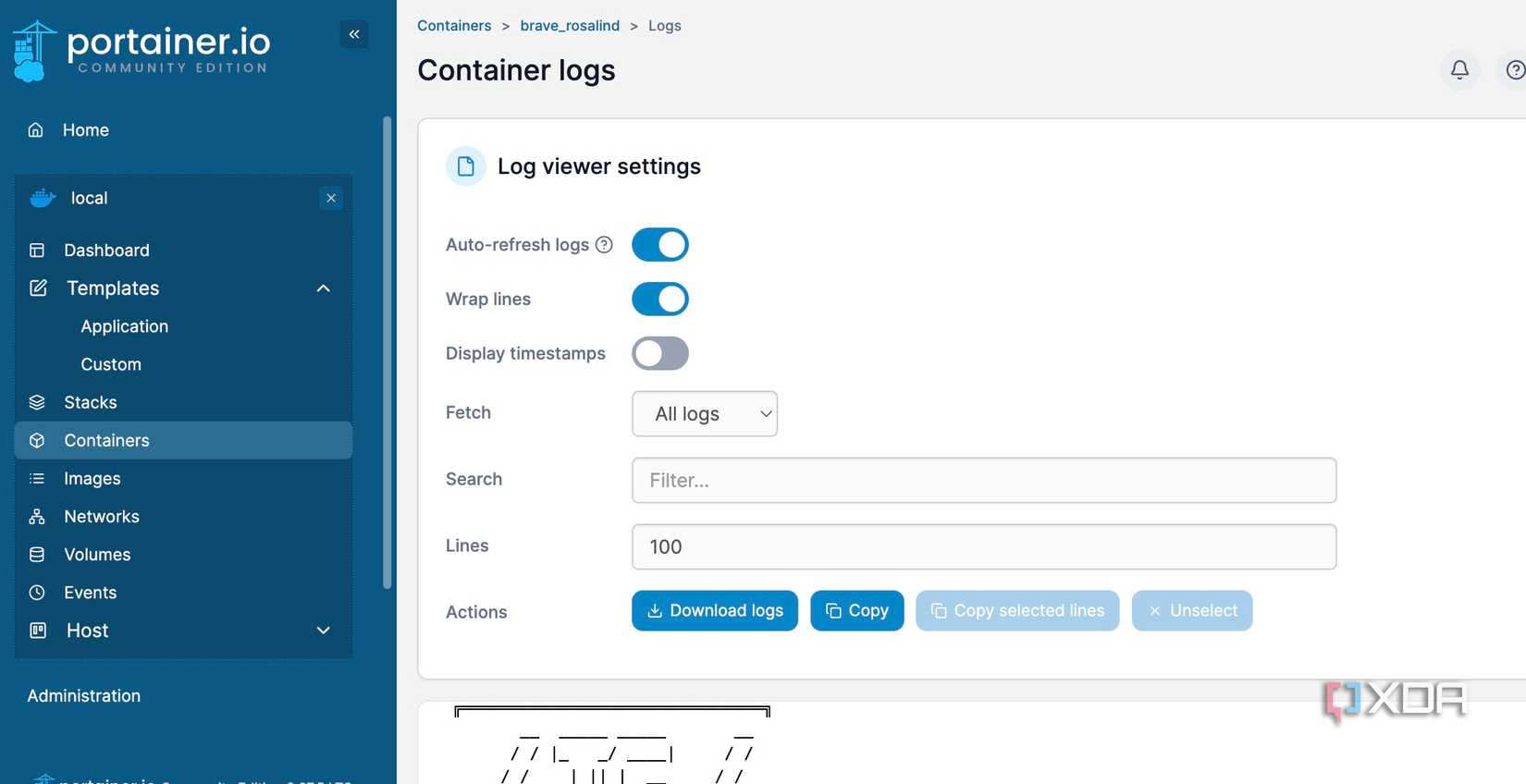 Portainer container logs