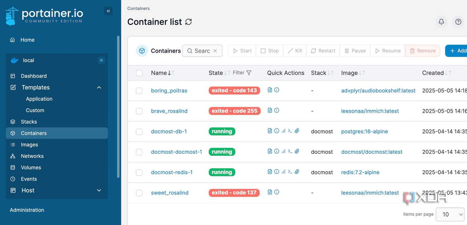 Portainer continares list