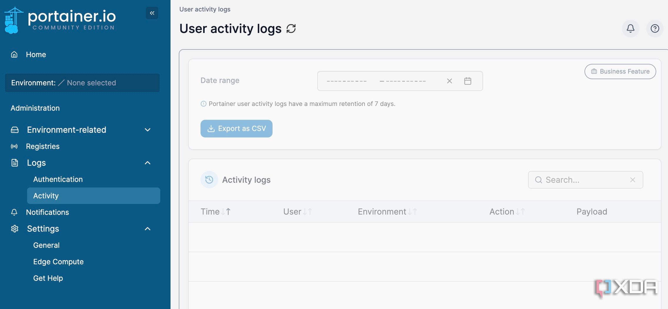Portainer activity log