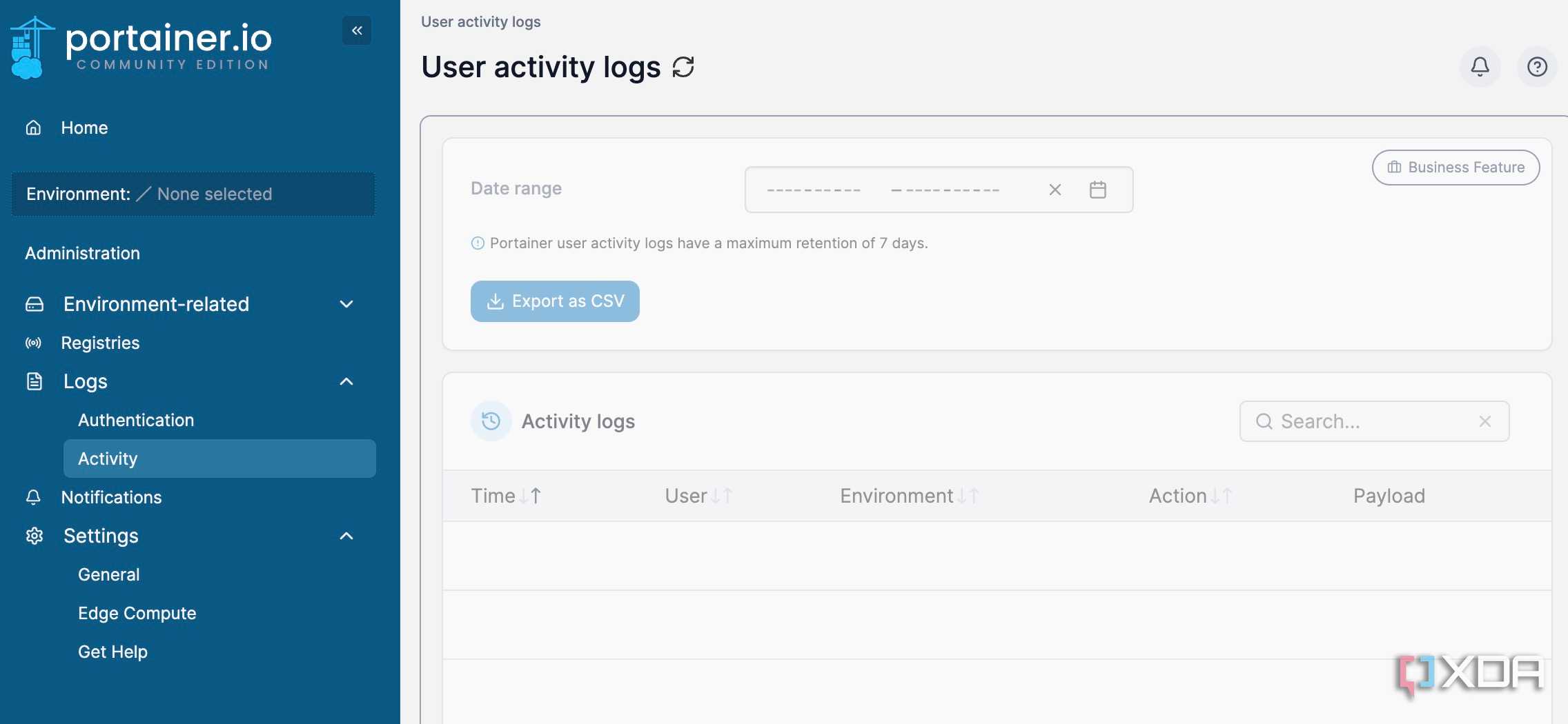 Portainer activity log