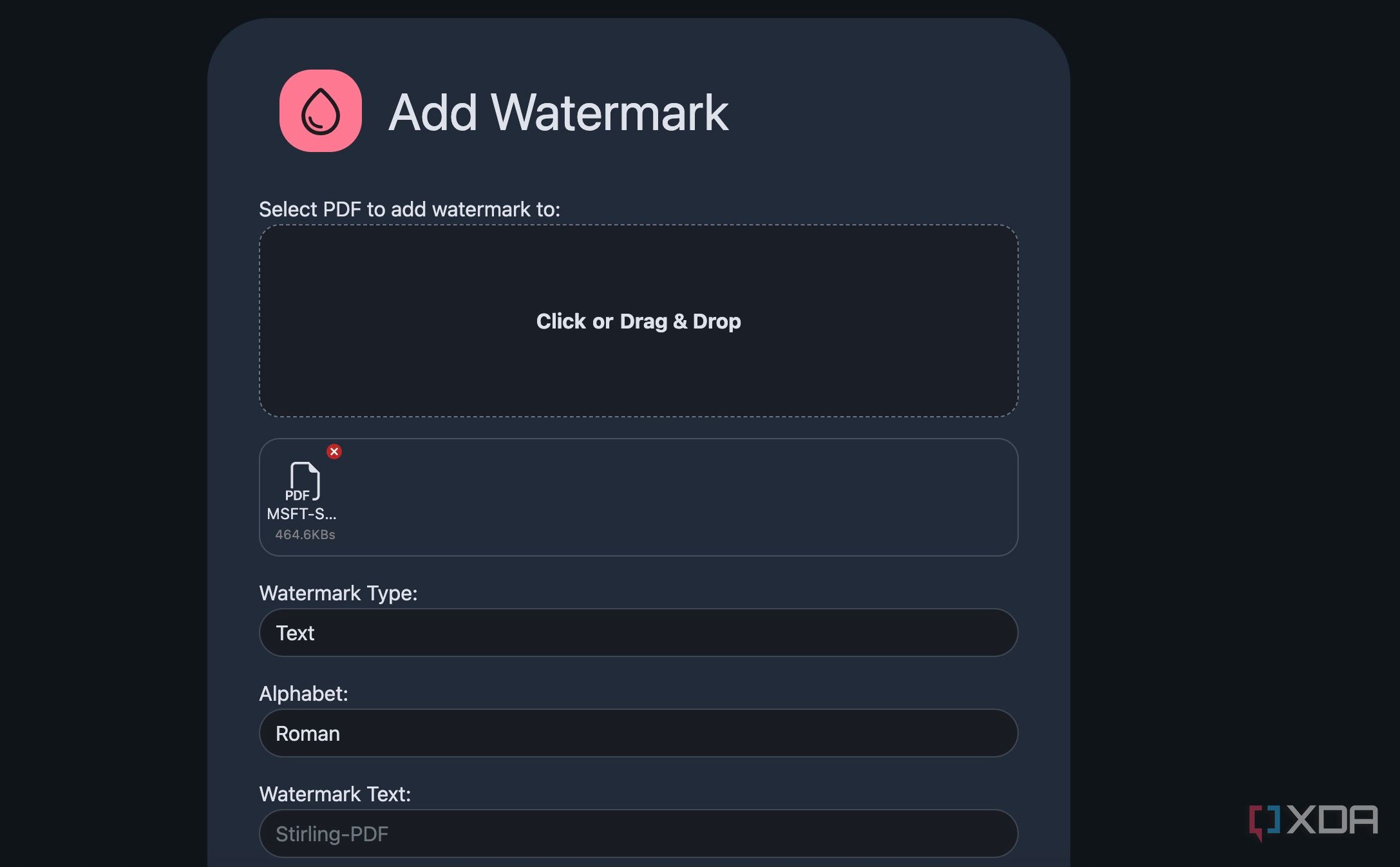 Stirling PDF watermark menu