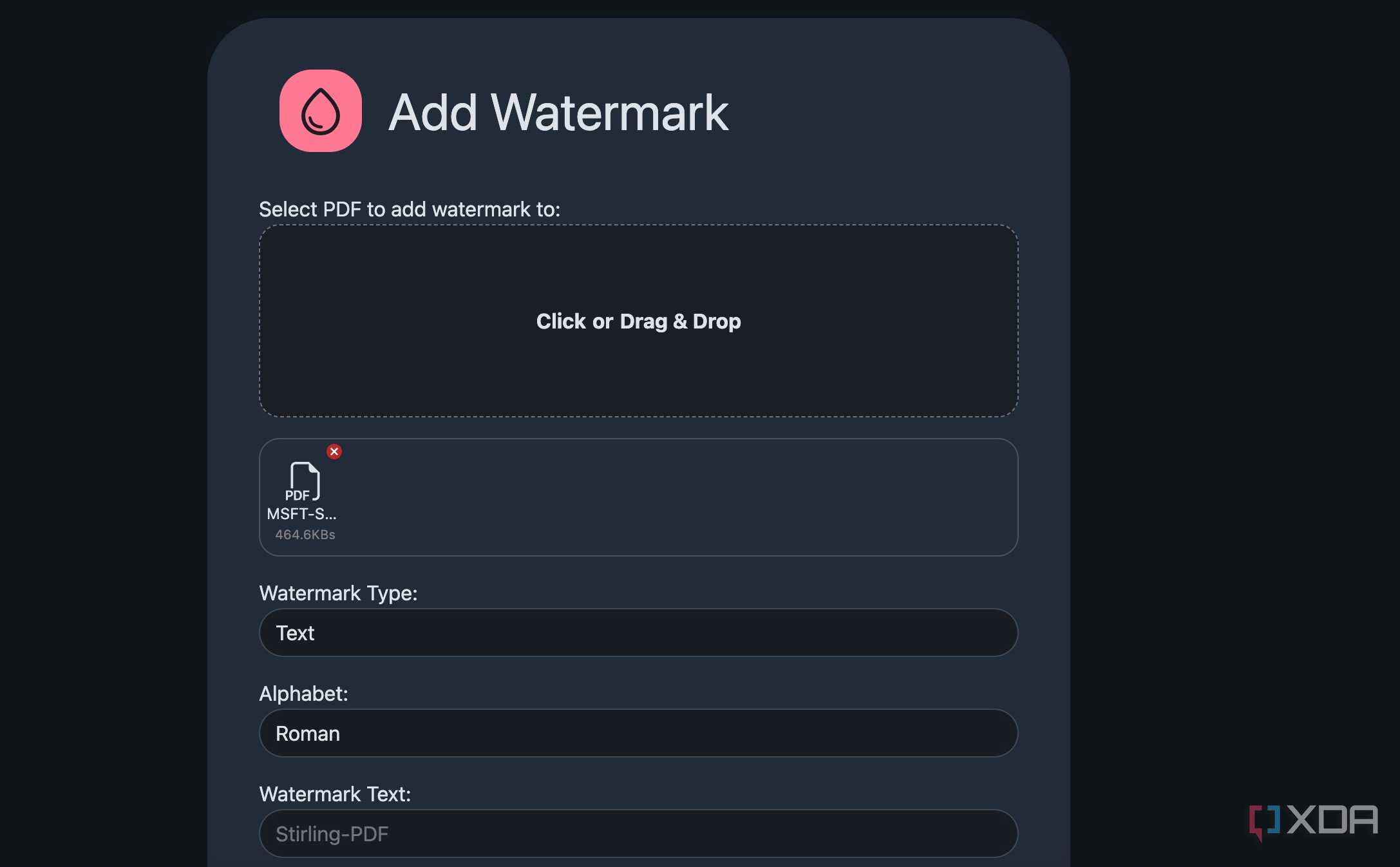 Stirling PDF watermark menu