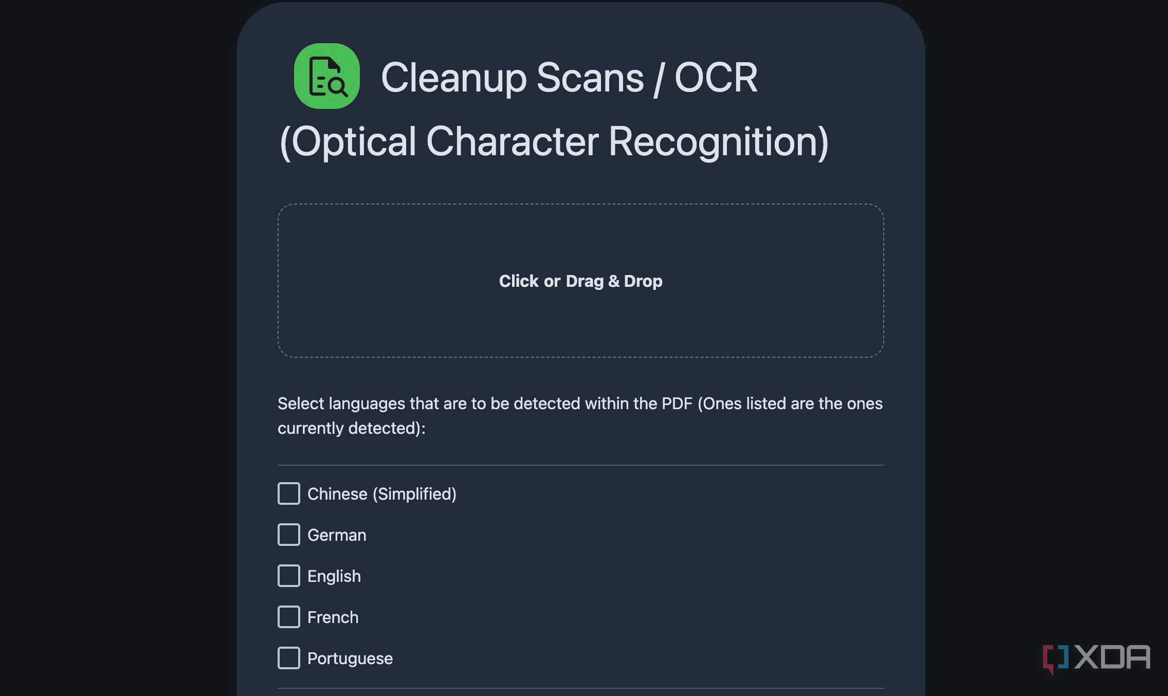 Stirling PDF OCR menu