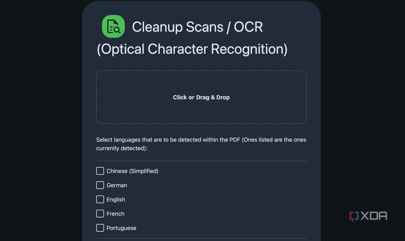 Stirling PDF OCR menu