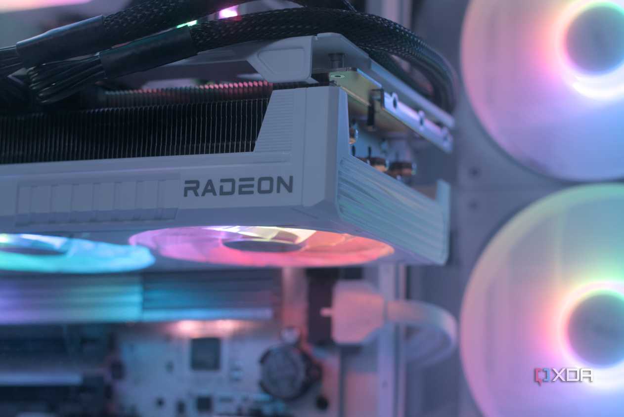 An image of a GPU installed horizontally on a motherboard.
