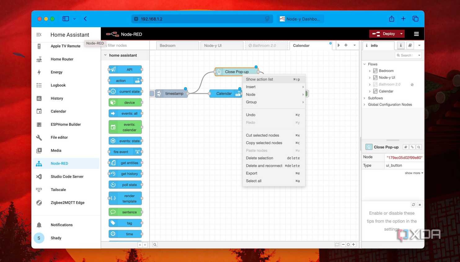 Right-click options for a node in Node-RED with Home Assistant