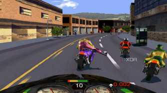 A screenshot from the game Road Rash, showing the player character attempting to kick off an opponent off their bike while racing.