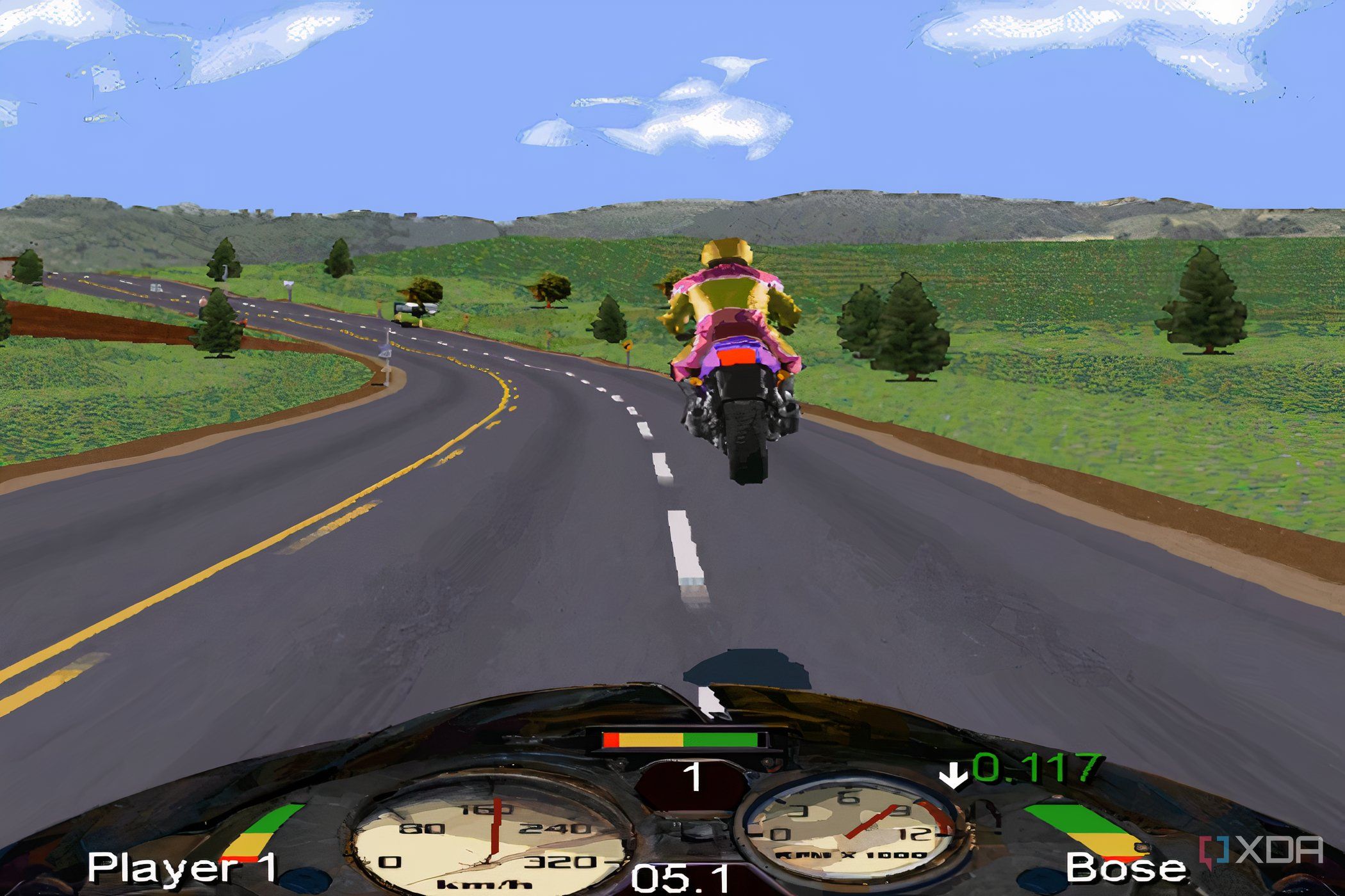 A screenshot from the game Road Rash, showing a bike in mid-air.
