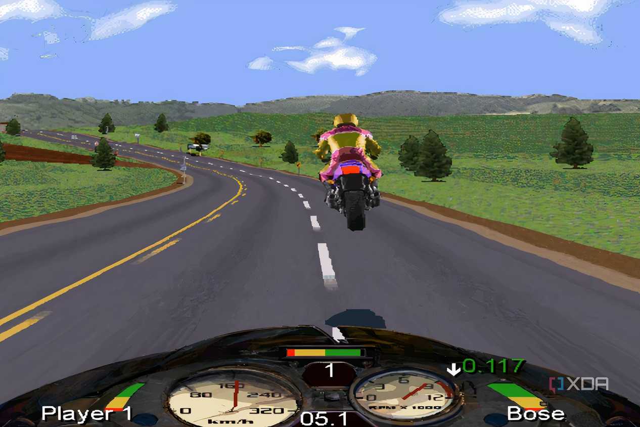 A screenshot from the game Road Rash, showing a bike in mid-air.