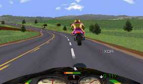 A screenshot from the game Road Rash, showing a bike in mid-air.