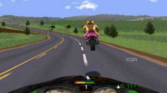 A screenshot from the game Road Rash, showing a bike in mid-air.