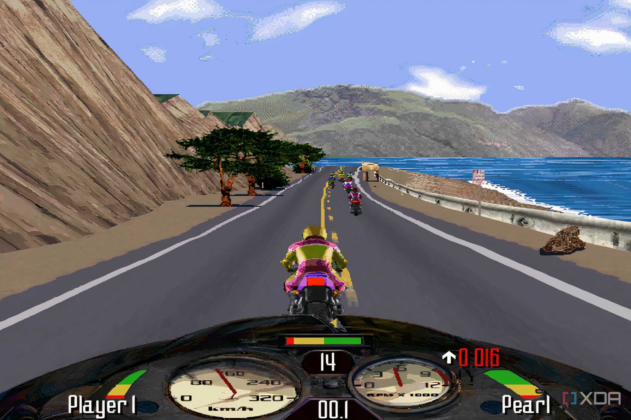 A screenshot from the game Road Rash, showing a bike race alongside a shoreline.