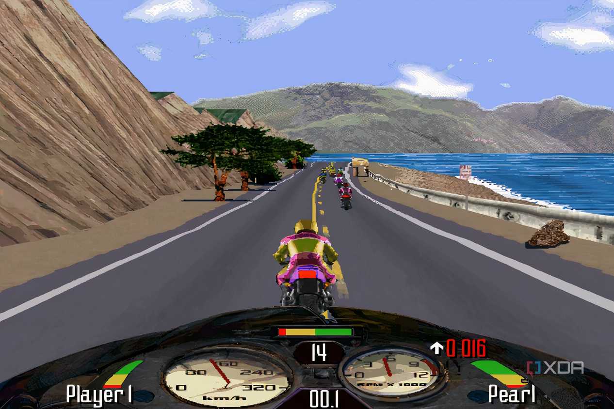 A screenshot from the game Road Rash, showing a bike race alongside a shoreline.